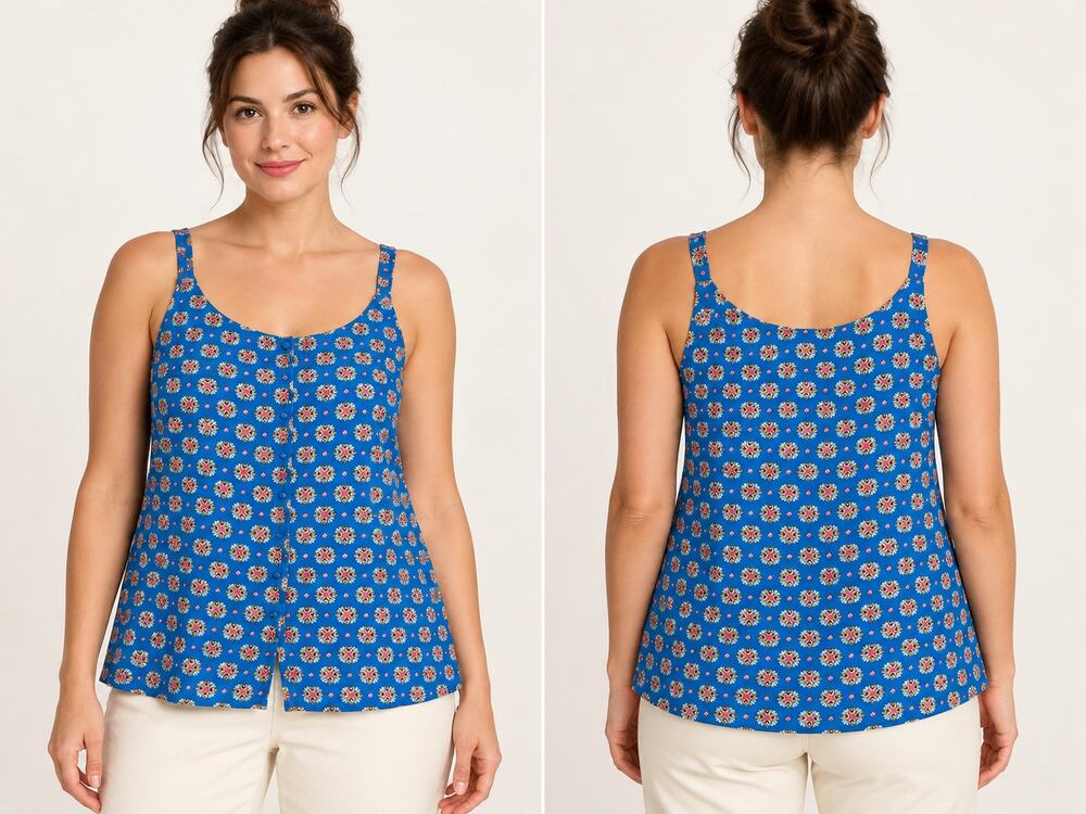 Rose + Olive Blue Floral Button Front Cami Top M Sleeveless Flowy Blouse